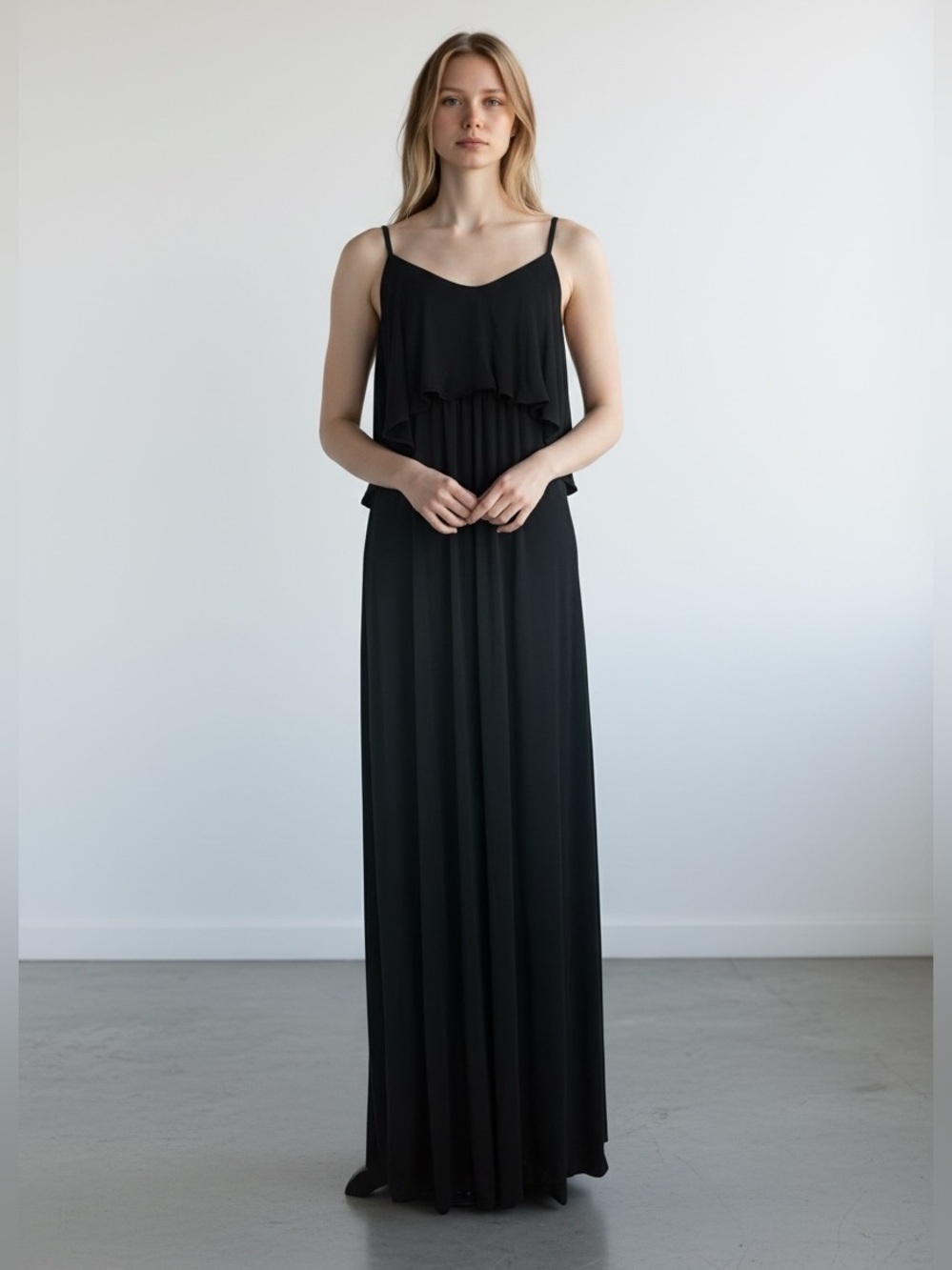 Soma Jersey Knit Ruffle Neckline Maxi Dress Sz M